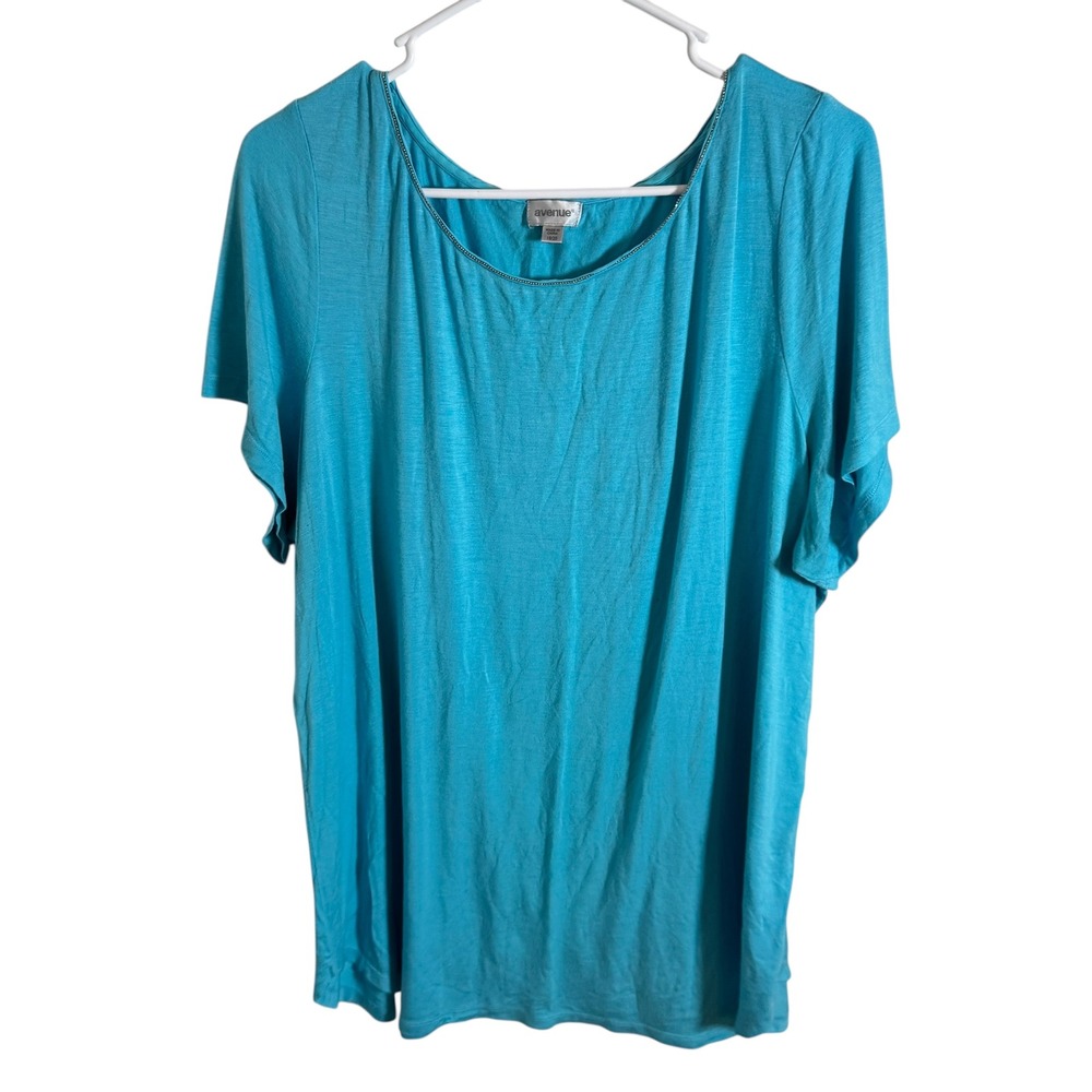 Avenue Turquoise Blue Embellished Neckline Short Sleeve Top Plus Size 18/20